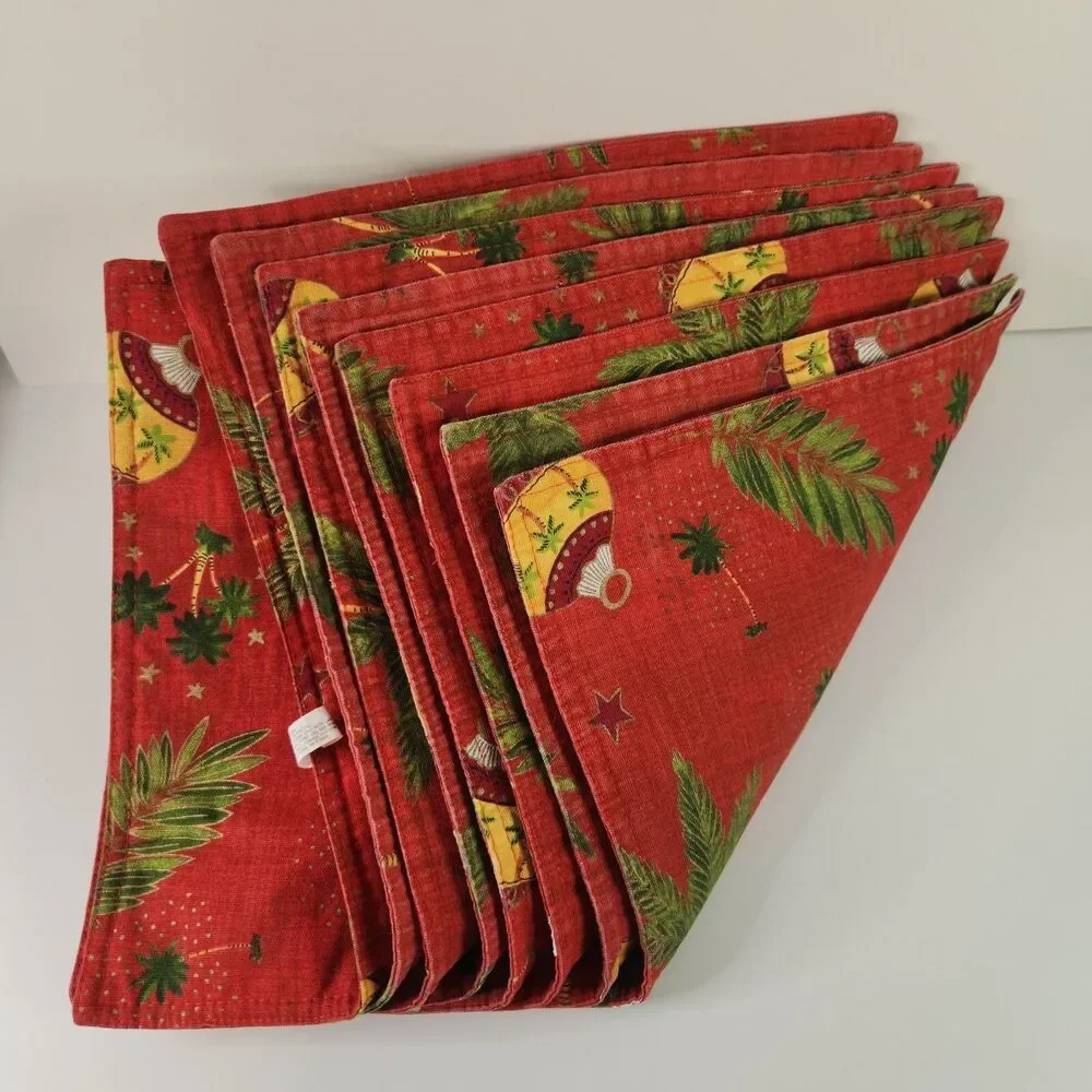 Vtg Christmas Placemats Set of 8 Tree Ornaments Palm Trees Tropical Red Holiday